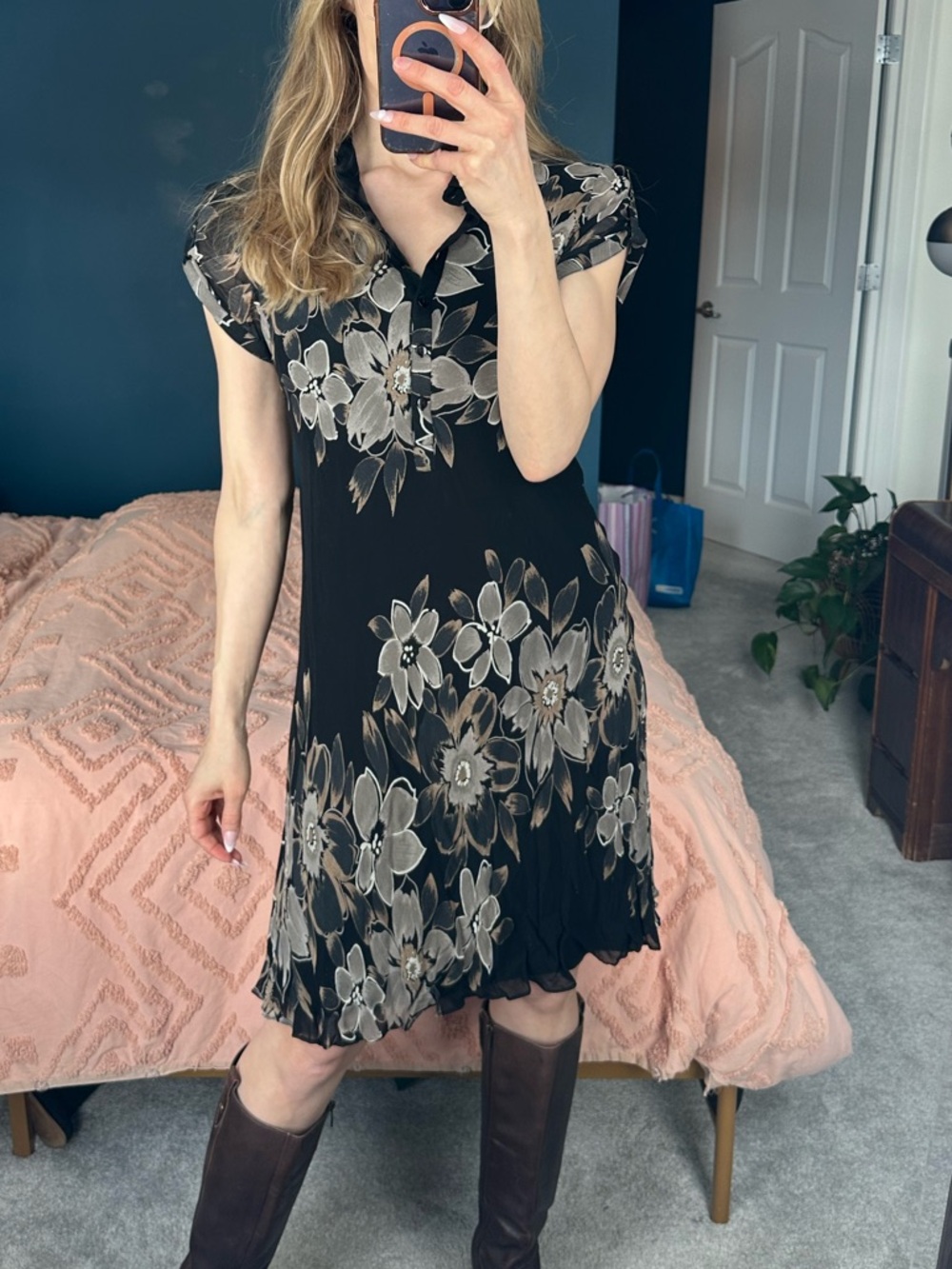 Vintage bias cut Floral A-Line Mini Dress in Black and Beige